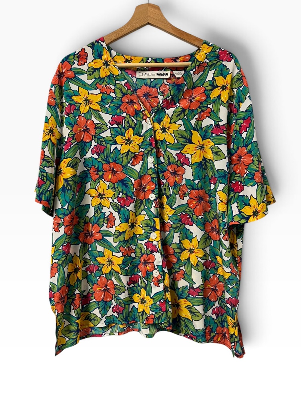 Vintage 80s Chaus Floral Blouse Women’s 16W XL Bold Colorful Short Sleeve Shirt